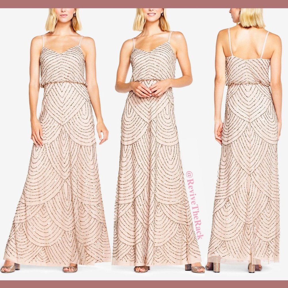 NEW $260 Adrianna Papell Art Deco‎ Beaded Blouson Gown in Taupe Pink [SZ 2 ]